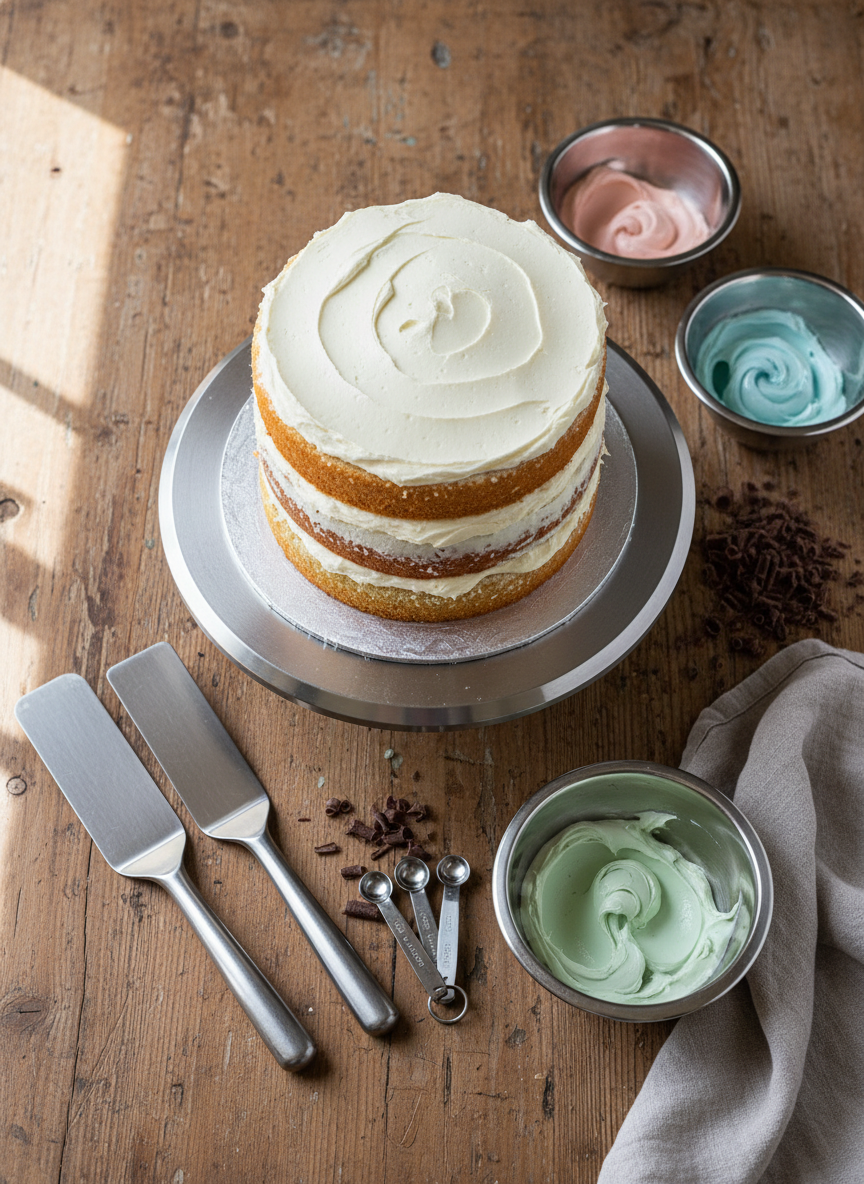 An overhead photographic view of a rustic yet refined wooden table set for cake design: a smooth, partially frosted vanilla sponge cake on a rotating metal cake stand, surrounded by neatly arranged offset spatulas, stainless steel bowls of silky buttercream in soft pastels, and a small pile of chocolate shavings. Measuring spoons and a folded linen napkin in muted grey add subtle elegance. Diffused natural daylight from the side creates soft, even lighting with minimal shadows, accentuating the textures of frosting and cake crumb. The composition is clean and organized, using a rule-of-thirds layout to keep the cake slightly off-center. Photographic realism with a calm, focused atmosphere that communicates careful, artisan preparation without any human presence.