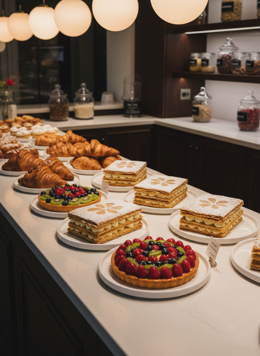 A meticulously arranged selection of artisan pastries displayed on a long, matte white stone counter: golden-brown croissants with flaky layers, glossy fruit tarts filled with jewel-toned berries, and delicate mille-feuille with precise powdered sugar dusting. Each pastry rests on minimalist white platters with subtle edges. Overhead, warm pendant lighting casts a soft glow, creating inviting reflections on glazes and gentle shadows that emphasize texture. The background is intentionally blurred, suggesting a refined bakery interior with dark wood shelving and labeled glass jars of ingredients. Captured from a slightly elevated angle in photographic realism, with a balanced composition that draws the eye along the pastry line, the mood is luxurious yet approachable, emphasizing craftsmanship and quality.