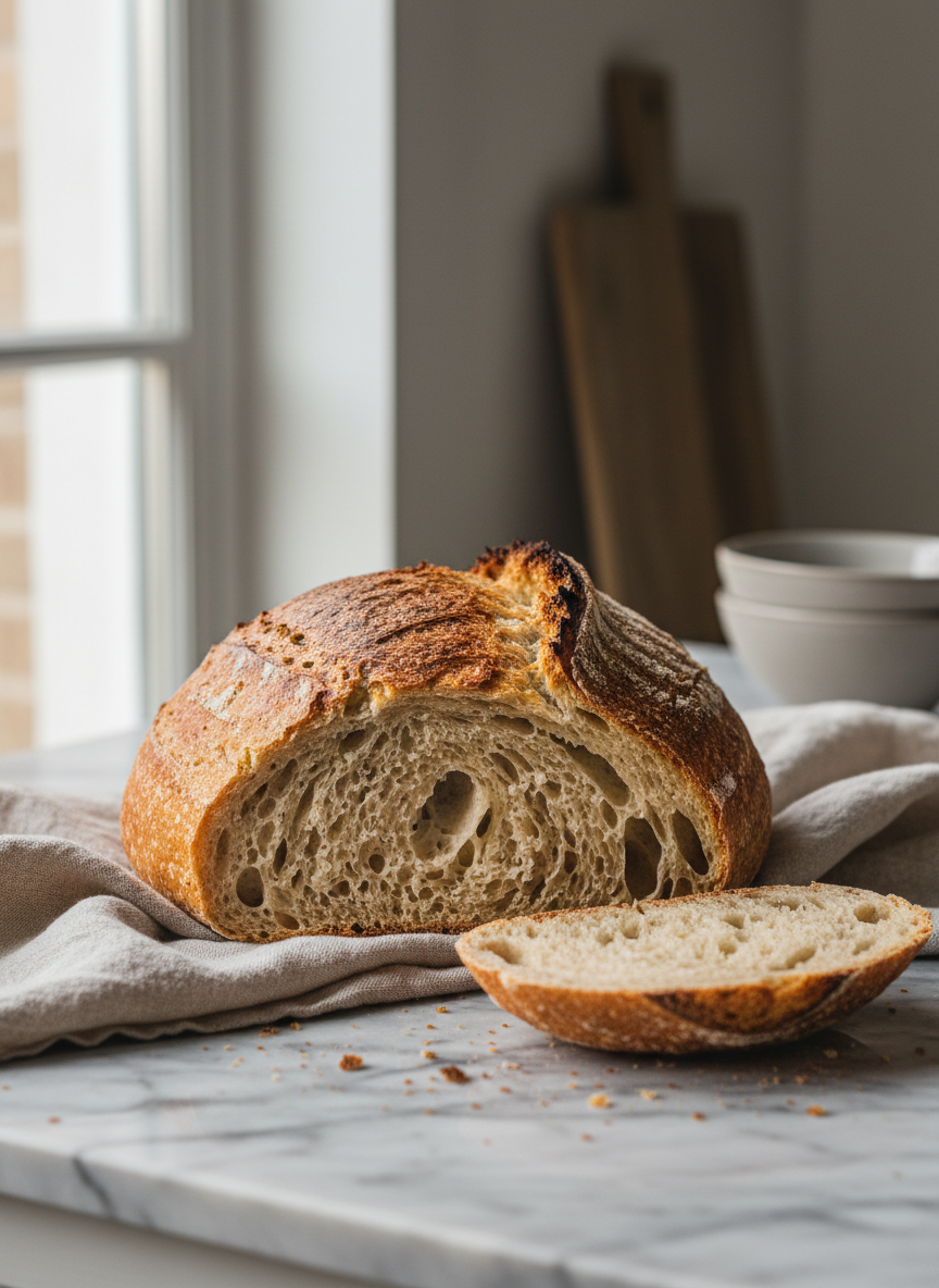 A close-up photographic shot of an artisan sourdough loaf, its deep golden crust blistered and crackled, resting on a light linen cloth atop a cool, veined marble surface. Crumbs and a few sliced pieces reveal an open, airy crumb structure with a warm, creamy interior. Side lighting from a nearby window creates dramatic yet soft highlights along the crust’s ridges and gentle shadows in the scoring lines, emphasizing texture. The background fades into a subtle bokeh of neutral tones—a hint of ceramic bowls and a wooden board out of focus. Shot at a low angle with shallow depth of field, the image feels sophisticated, warm, and timeless, ideal for showcasing the bakery’s bread craftsmanship.