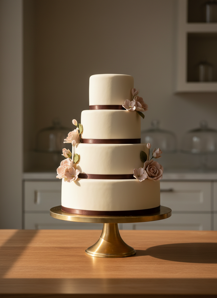 An elegant three-tiered artisan cake covered in smooth ivory fondant, each tier wrapped with a thin band of satin-finish dark chocolate ribbon and adorned with delicate, sculpted sugar flowers in muted blush and cream. The cake stands on a brushed brass pedestal cake stand at the center of a refined wooden table with a subtle grain. Soft morning light from an unseen window washes across the scene, creating gentle highlights on the fondant and faint shadows on the tabletop. The background is softly blurred, hinting at neutral-toned cabinetry and glass cake domes. Photographic realism, eye-level composition, shallow depth of field, and a calm, sophisticated atmosphere suitable for a bakery homepage hero image.
