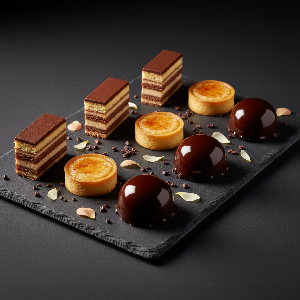 An impeccably styled dessert tasting board on a dark slate serving tray: miniature opera cakes with precise layers, tiny lemon tartlets with glossy curd and thin brûléed tops, and small domes of mirror-glazed chocolate reflecting the ambient light. Each piece is arranged with deliberate spacing, accompanied by scattered cocoa nibs and a few edible flower petals in soft whites and pale pinks. Gentle, warm studio lighting from above and slightly behind creates elegant highlights on glazes and subtle shadows that enhance depth. The background is a smooth, charcoal backdrop fading into darkness, keeping all focus on the desserts. Photographic realism with a luxurious, modern aesthetic, captured from a three-quarter angle, evokes a sophisticated, special-occasion tasting experience.